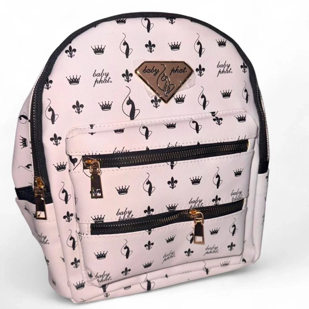 Baby Phat white Mini Backpack with Black Logo Print and Gold Hardware